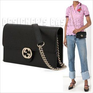 GUCCI Mini ICON black pebble leather INTERLOCKING G convertible Chain clutch bag
